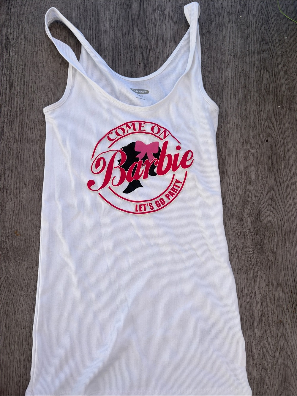 Old Navy White Tank with Pink & Black Barbie Graphic